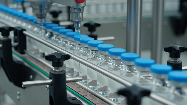 Automated pharmaceutical production line filling glass vials with vaccine liquid under blue caps on a metallic conveyor belt, illustrating sterile manufacturing and healthcare supply chain concepts