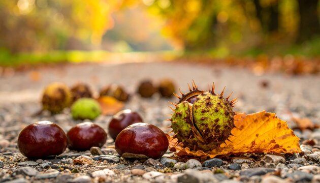 Autumn leaves and chestnuts on the forest ground capture the vibrant colors of the fall season