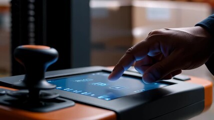 Industrial operator hand tapping a digital touchscreen interface on a forklift joystick panel, illustrating smart logistics automation and warehouse control efficiency. - Powered by Adobe