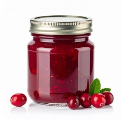 Shiny Red Cranberry Jam in Glass Jar with Berries on White Background
