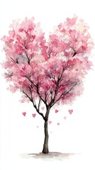 Obraz premium A whimsical illustration of a heart-shaped tree adorned with pink blossoms and floating hearts, symbolizing love and nature.