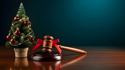 Christmas Wish for Lawyers &ndash; Judge Gavel Holiday Greeting with Festive Tree, with Copy Space, Generative AI