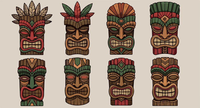 Tiki masks collection with tribal patterns