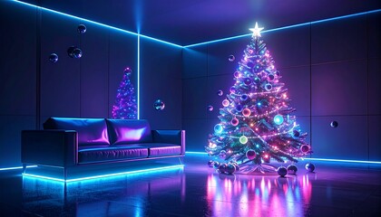 Christmas Tree Decorated in a Modern Room with Neon Lighting and Futuristic Ambiance