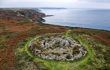 Carn Gluze aka Ballowall Barrow. St. Just, Cornwall. Bronze Age funerary cairn chambered tomb mound and multiple stone cists altered by reconstruction