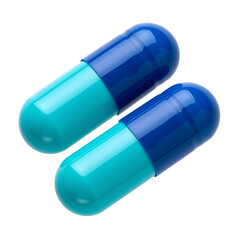 Capsule Duo: A close-up shot of two pharmaceutical capsules, one light green and one blue, resting on a flat surface, illustrating health and medicine.