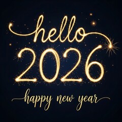 Sparkler &ldquo;Hello 2026&rdquo; and &ldquo;Happy New Year&rdquo; Text on Dark Background with Glowing Effects