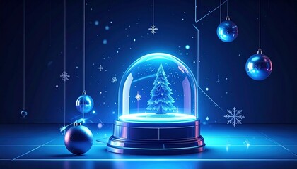 Christmas Tree Inside Glass Dome Surrounded By Blue Ornaments and Snowflakes with Neon Lighting in Dark Background