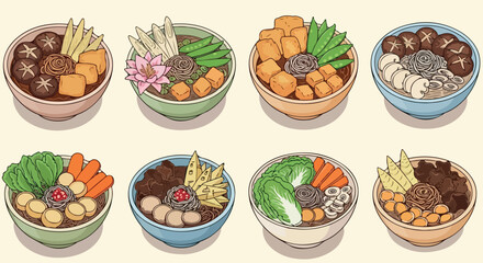 Various bowls of ramen noodles with different toppings