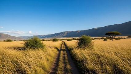 Dirt track through vast African savanna landscape under clear blue sky