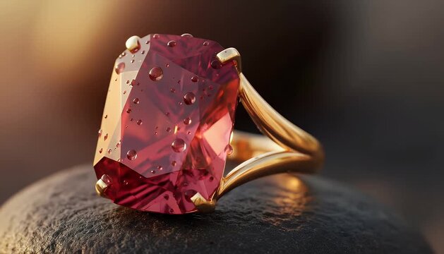 Close up of a ruby ring on a stone