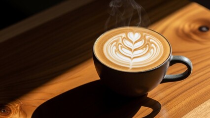 A cozy cup of steaming latte art coffee on a wooden table.