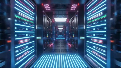 Futuristic data center server room with glowing neon lights and digital technology video - Powered by Adobe