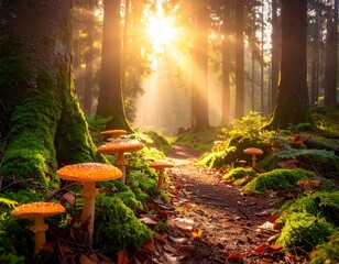 Enchanting sunlit forest path with vibrant red mushrooms and moss