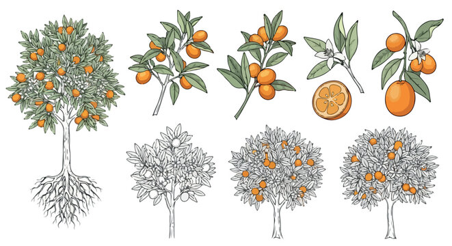 Orange tree with roots and fruit branches
