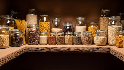 Assortment of dry goods in glass jars on a rustic wooden shelf in a pantry.