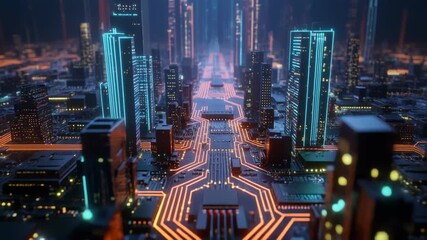 Futuristic cityscape circuit board glowing neon lights data flow abstract technology concept architecture - Powered by Adobe