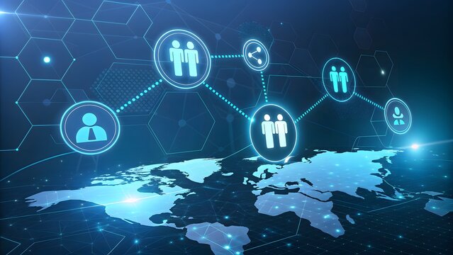 Global business network connection concept with glowing blue human resource icons linked over a digital world map in a futuristic technology background - Powered by Adobe