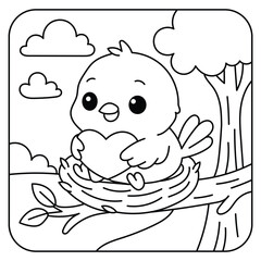 Cute Baby Bird Holding a Heart in a Nest Coloring Page