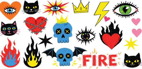 Energetic Hand-Drawn Collection of Edgy Graphic Elements: Skulls, Hearts, Cats, and Eyes Art