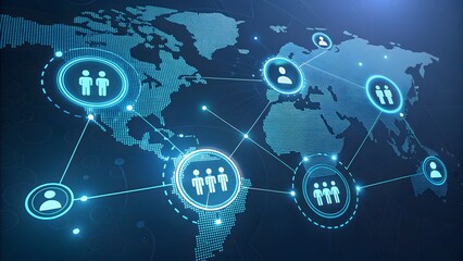 Global network of people and connections illustrated with glowing blue digital icons overlaid on a stylized world map, representing communication and social media
