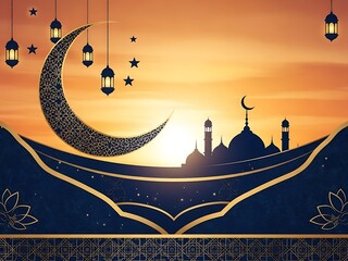 Eid ramadan crescent moon silhouette with lanterns and mosque