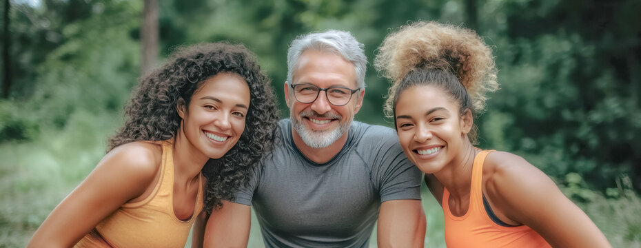 Middle aged adults enjoy outdoor fitness time with energetic wellness motivation and natural smiles in a healthy relaxed atmosphere. - Powered by Adobe