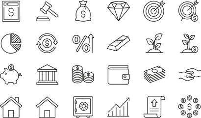 Finance investment line icon set, money banking profit growth symbols, savings wallet target gold business outline vector collection for design