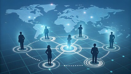 Silhouettes of business people connected in a global network structure over a digital world map background, symbolizing international communication and teamwork