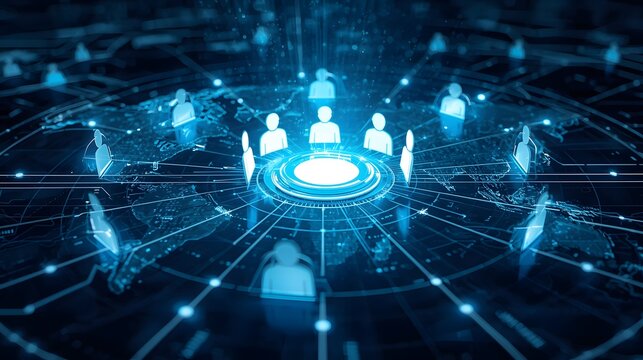 Abstract digital representation of a global business meeting or network conference with glowing blue human silhouette icons connected by data lines on a dark background - Powered by Adobe