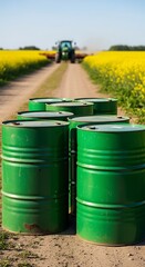 Obraz premium Several green metal barrels stand on a dirt road amidst a vibrant field of rapeseed flowers, with a tractor visible in the distance.