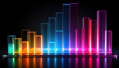 Colorful glass bars, a glowing abstract graph on black