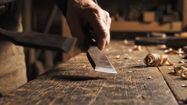Close-up of a craftsmans hands using a chisel on a wooden workbench, surrounded by wood shavings, in a dimly lit workshop.