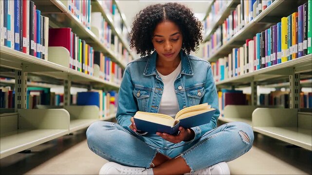 Young woman with curly hair sits cross legged reading open book between tall library bookshelves