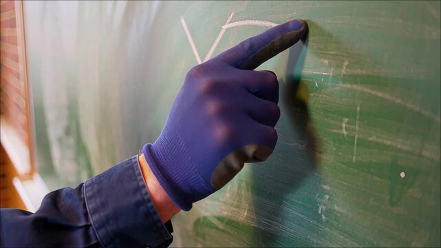 Hand wearing a blue protective glove drawing a diagonal white line on a dusty green chalkboard surface