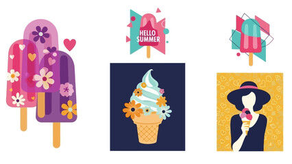 Summer Treats: Popsicles, Ice Cream, and a Stylish Figure with Cones