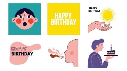 Diverse Happy Birthday Illustrations: Cake, Sun, Blowing Out Candles, and Faces