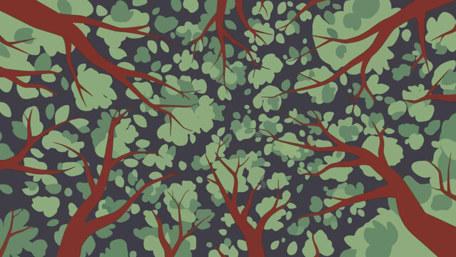 Looking Up Through Lush Green Tree Canopy with Red Trunks Against Dark Sky