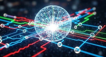 A complex network of luminous circuitry encircles a digital globe, showcasing interconnected data streams in vibrant hues.