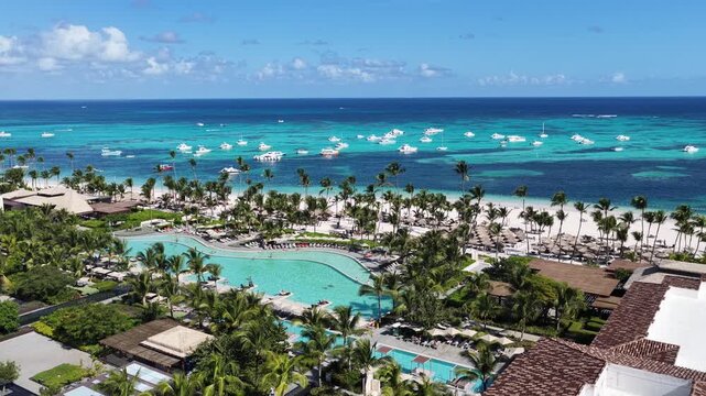 Turquoise Beach At Punta Cana In La Altagracia Dominican Republic. Beach Landscape. Downtown District. Travel Destination. Turquoise Beach In Punta Cana In La Altagracia Dominican Republic. 