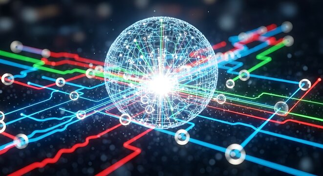 A complex network of luminous circuitry encircles a digital globe, showcasing interconnected data streams in vibrant hues. - Powered by Adobe