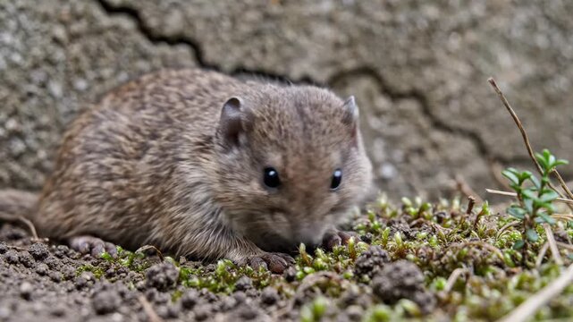 Close-up of a small, furry field mouse foraging on mossy ground near a cracked rock surface.
