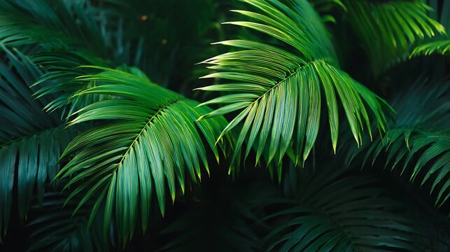 Lush Green Palm Fronds - A Close-Up View of Tropical Foliage.