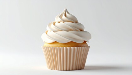 Cupcake with Swirled White Frosting and Beige Wrapper on White Background