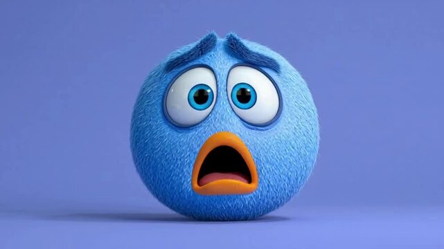 A fluffy blue cartoon creature with wide eyes and an open mouth expressing fear or shock on a purple background.