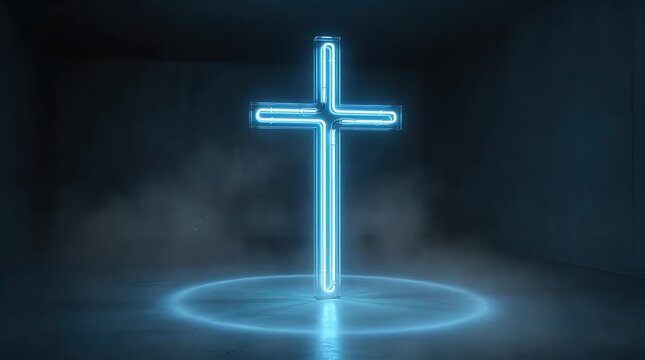 Neon cross illuminated in smoke filled room symbolizing belief