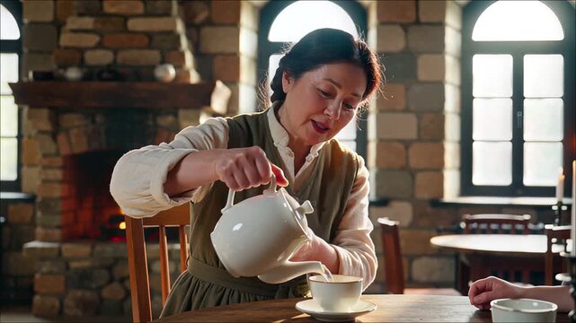 Older Asian woman pours tea from white ceramic pot in room with stone walls and arched windows