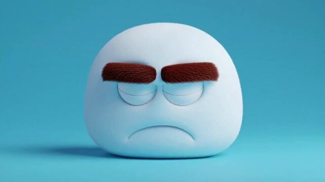 A grumpy white blob character with thick brown eyebrows and a sad expression on a blue background.