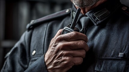 Man in Uniform Communicating with Radio Device, Close-Up View.