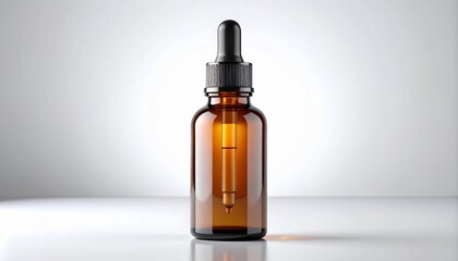 Fototapeta premium Amber Glass Bottle with Dropper on White Background in Studio Lighting